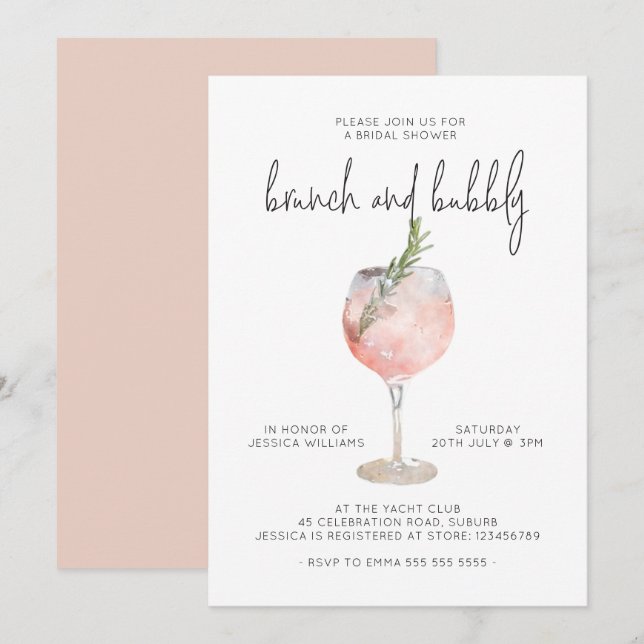 Elegantes rosa Brunch & Bubbly Brautparty Einladung (Vorne/Hinten)