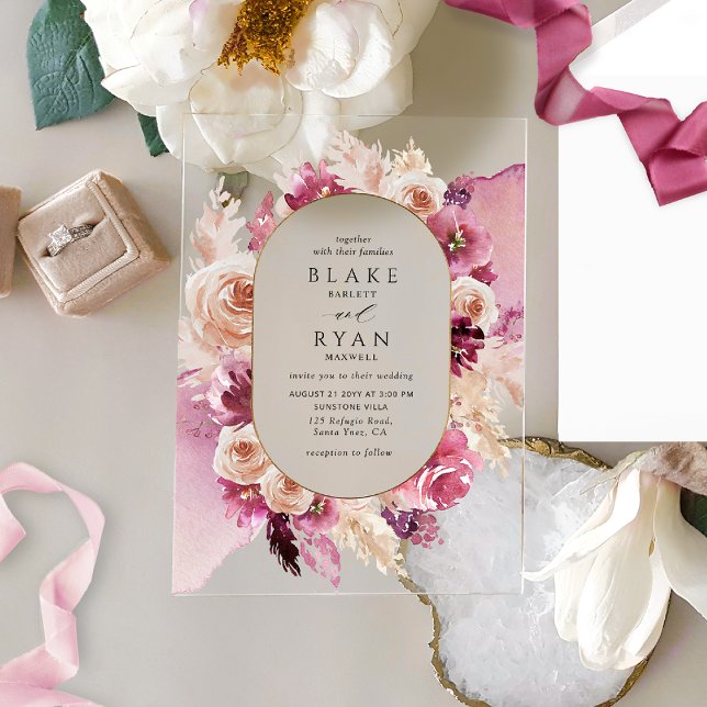 Elegantes Rosa, Burgund, Champagner-Floral Wedding Acryleinladungen (Von Creator hochgeladen)