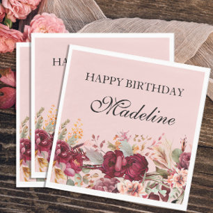 Elegantes Rosa-Burgunder-Rosen-Happy-Birthday Serviette