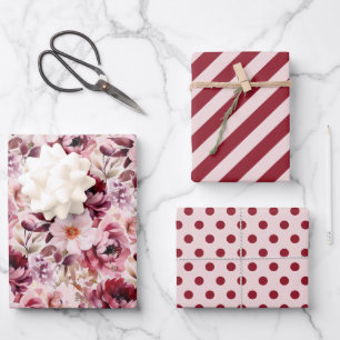 Elegantes Rosa Burgunderrot Florales Gestreiftes P Geschenkpapier Set