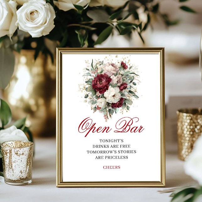 Elegantes Rosa-Burgunderrot-Open-Bar-8x10-Schild Poster (Elegant Blush Burgundy Open Bar 8x10 Sign)