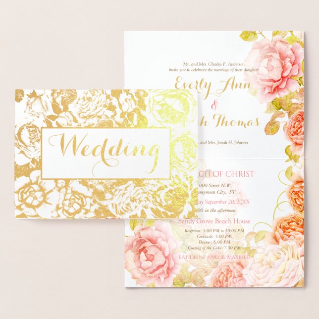 Elegantes Rosa, Coral Gold Foil Rose Hochzeit Folienkarte (Anzeige)
