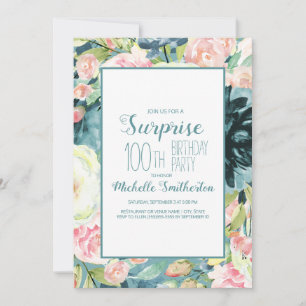 Elegantes Rosa Creme Teal 100. Geburtstag Einladung