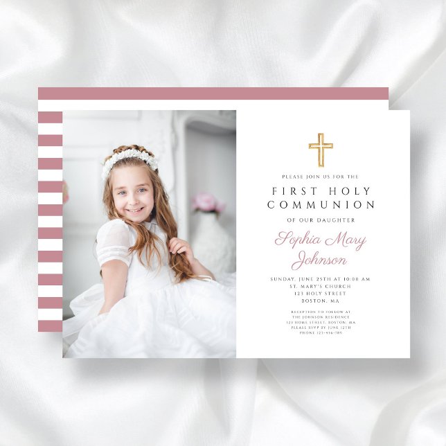 Elegantes Rosa Cross Girl Erste Kommune Foto Einladung (Pink Cross Girl First Communion Photo Invitation)