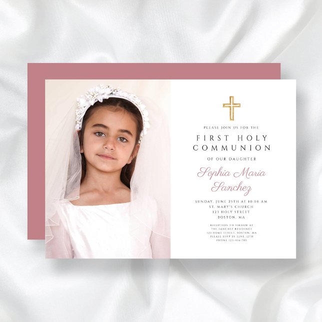 Elegantes Rosa Cross Girl Erste Kommune Foto Einladung (Elegant Pink Cross Girl First Communion Photo Invitation)