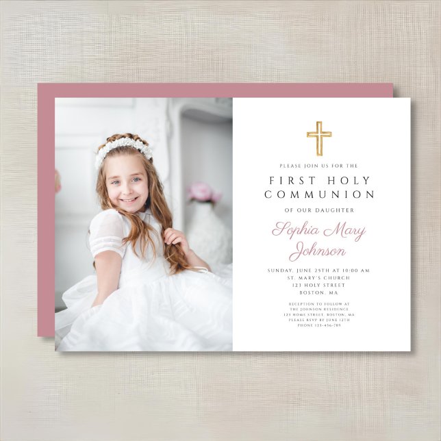 Elegantes Rosa Cross Girl Foto Erste Kommune Einladung (Pink Religious Cross Girl First Communion Photo Invitation)
