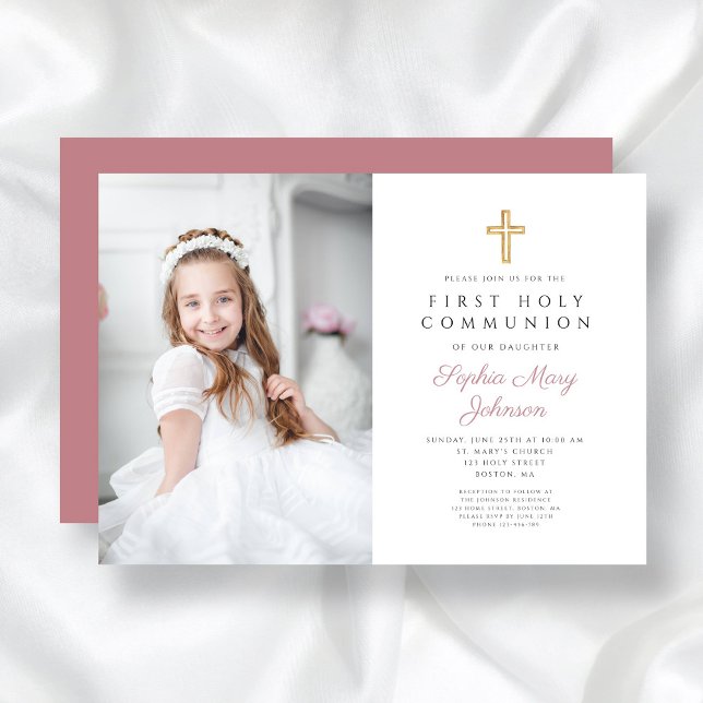 Elegantes Rosa Cross Girl Foto Erste Kommune Einladung (Pink Religious Cross Girl First Communion Photo Invitation)