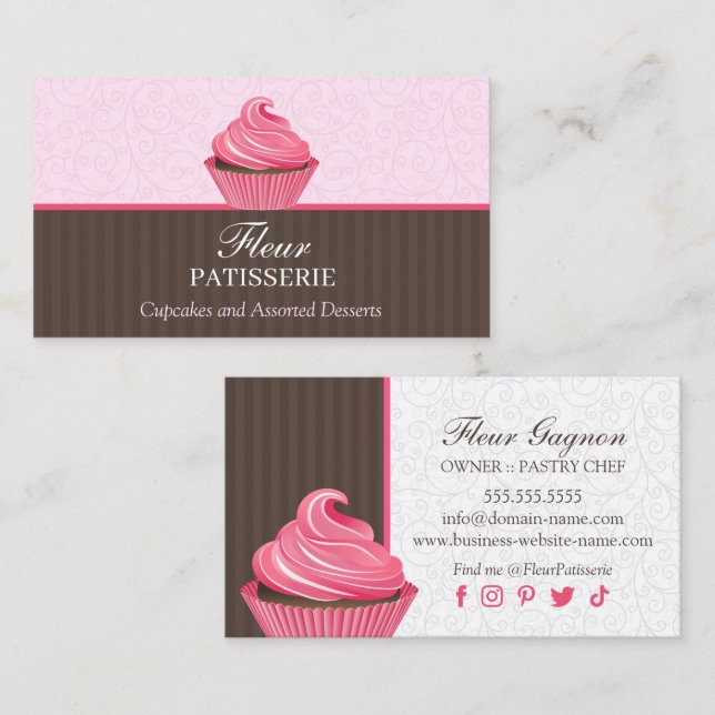 Elegantes rosa Cupcake Bakery Design Visitenkarte (Vorne/Hinten)