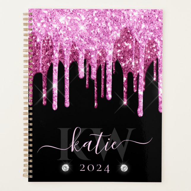 Elegantes rosa Dripping Glitzer Monogram Planer (Vorderseite)