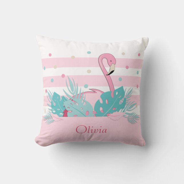 Elegantes rosa Flamingo und tropische Blätter Kissen (Vorderseite)