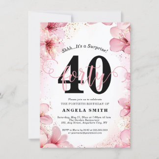Elegantes Rosa Flora & Glitzer 40. Geburtstag Part Einladung