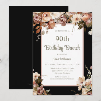 Elegantes Rosa Floral Black 90. Geburtstagsbrunch Einladung