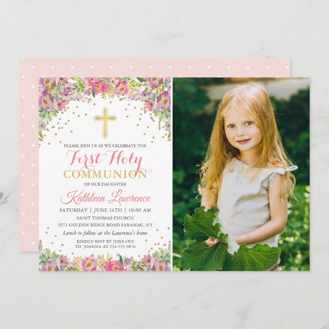 Elegantes rosa Floral First Holy Communion Foto Einladung (Vorne/Hinten)