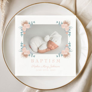 Elegantes Rosa Floral Girl Taufe Foto Serviette