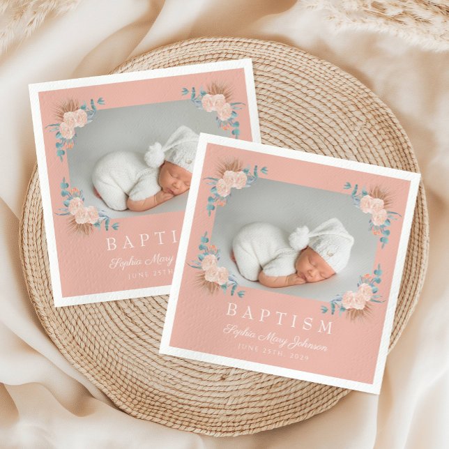 Elegantes Rosa Floral Girl Taufe Foto Serviette (Elegant Pink Floral Girl Baptism Photo Napkins)