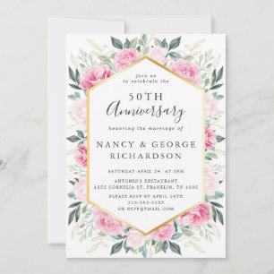 Elegantes Rosa Floral Gold 50. Hochzeitstag Einladung