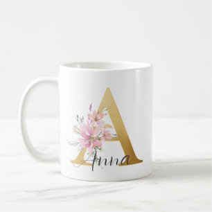 Elegantes Rosa Floral Gold Letter Monogram A Kaffeetasse