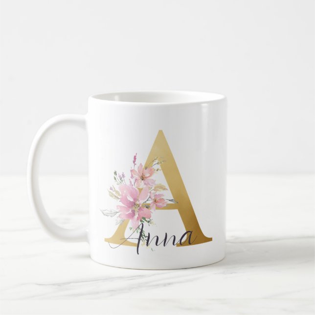 Elegantes Rosa Floral Gold Letter Monogram A Kaffeetasse (Links)