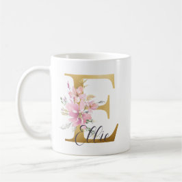 Elegantes Rosa Floral Gold Letter Monogram E Kaffeetasse