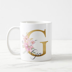 Elegantes Rosa Floral Gold Letter Monogram G Kaffeetasse