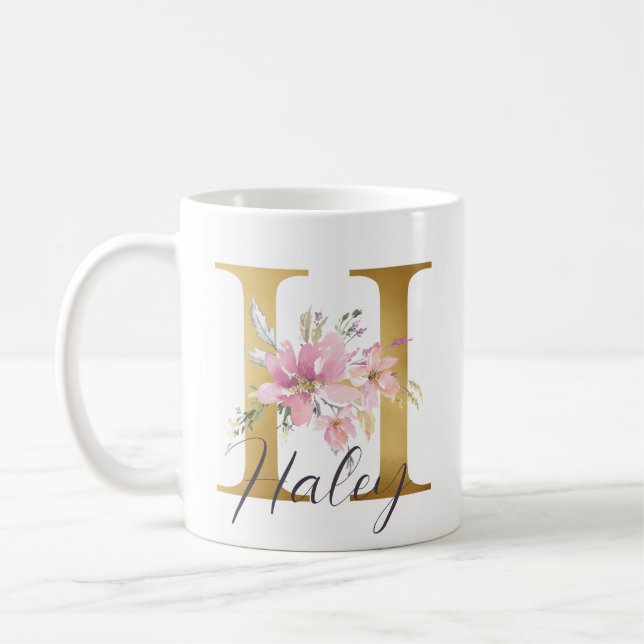 Elegantes Rosa Floral Gold Letter Monogram H Kaffeetasse (Links)