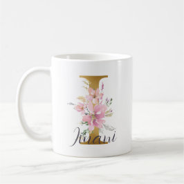 Elegantes Rosa Floral Gold Letter Monogram I Kaffeetasse