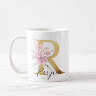 Elegantes Rosa Floral Gold Letter Monogram R Kaffeetasse
