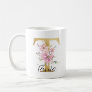 Elegantes Rosa Floral Gold Letter Monogram T Kaffeetasse