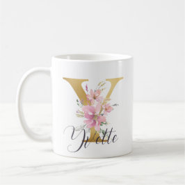 Elegantes Rosa Floral Gold Letter Monogram Y Kaffeetasse