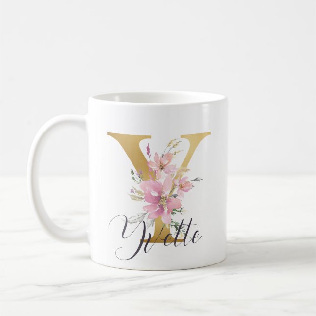 Elegantes Rosa Floral Gold Letter Monogram Y Kaffeetasse (Links)