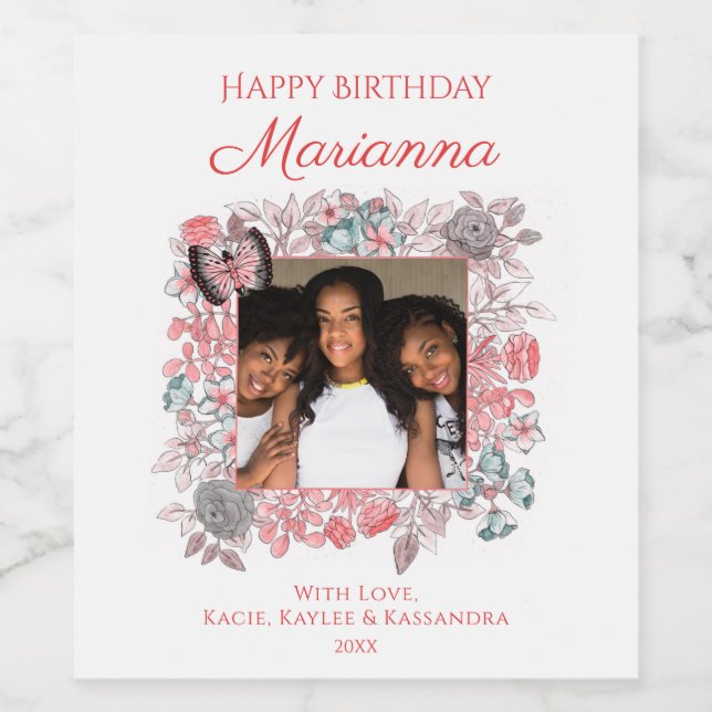 Elegantes Rosa Floral Happy Birthday Family Foto Weinetikett (Einzelnes Label)