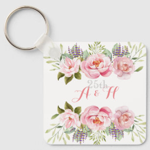 Elegantes Rosa Floral Monogram, 25. Wedding Gift Schlüsselanhänger
