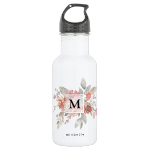 Elegantes Rosa Floral Monogramm Edelstahlflasche