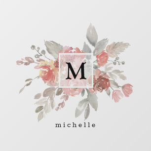 Elegantes Rosa Floral Monogramm Fensteraufkleber