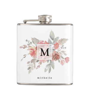 Elegantes Rosa Floral Monogramm Flachmann