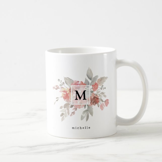 Elegantes Rosa Floral Monogramm Kaffeetasse (Rechts)