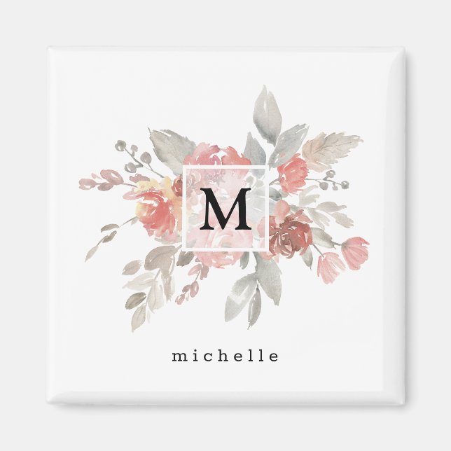 Elegantes Rosa Floral Monogramm Magnet (Vorne)