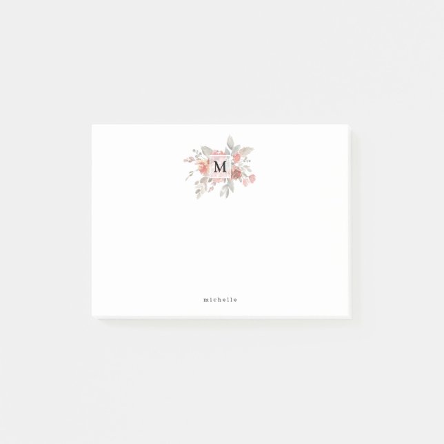 Elegantes Rosa Floral Monogramm Post-it Klebezettel (Vorderseite)
