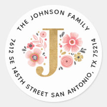 Elegantes Rosa Floral Monogramm Rücksendeadresse-E