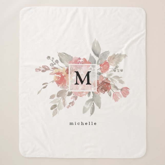 Elegantes Rosa Floral Monogramm Sherpadecke (Vorderseite)