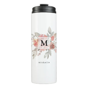 Elegantes Rosa Floral Monogramm Thermosbecher