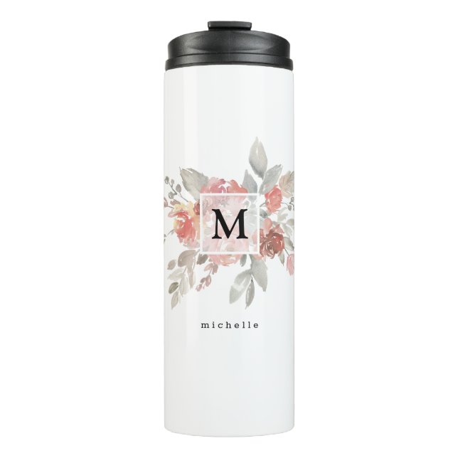 Elegantes Rosa Floral Monogramm Thermosbecher (Vorderseite)