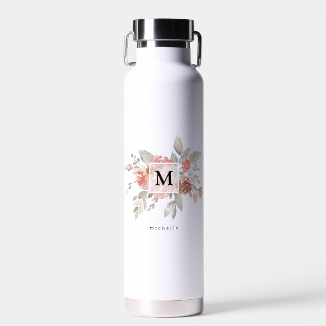 Elegantes Rosa Floral Monogramm Trinkflasche (Vorne)