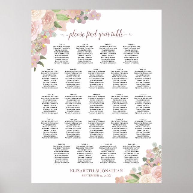 Elegantes rosa, florales 23 Tisch Hochzeitstabelle Poster (Vorne)