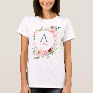 Elegantes rosa florales Circle Frame Monogramm T-Shirt