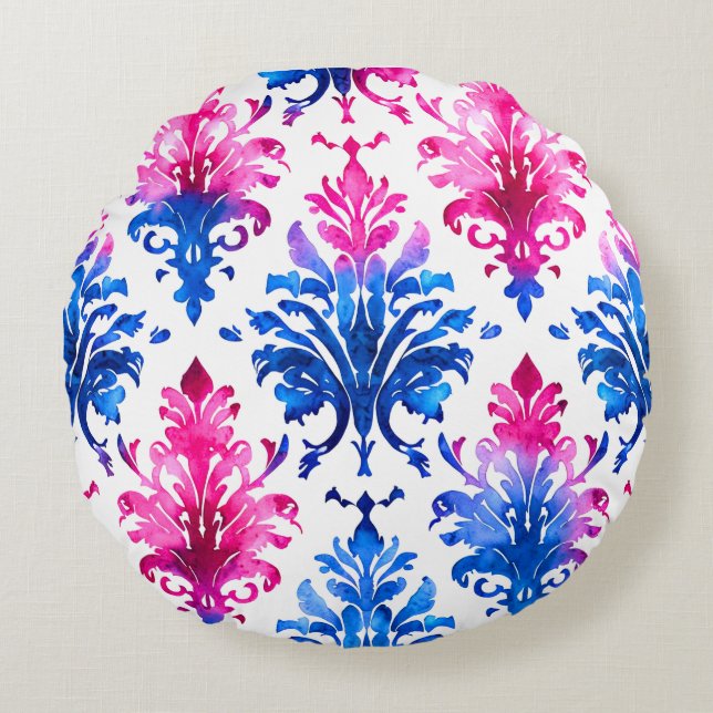 Elegantes rosa, florales Damasketmuster Rundes Kissen (Vorderseite)