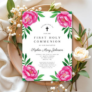 Elegantes rosa florales Erstkommunion Einladung