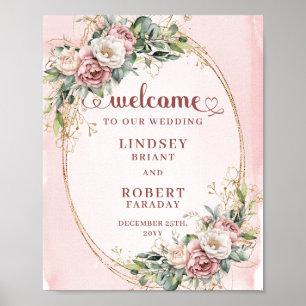 Elegantes Rosa Florales Eukalyptus Gold Willkommen Poster