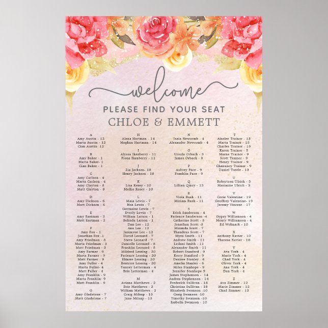 Elegantes rosa, florales Gold Hochzeitsdiagramm Poster (Vorne)