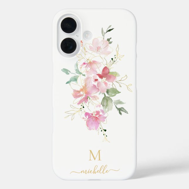 Elegantes rosa florales goldenes Skript Monogramm Case-Mate iPhone Hülle (Rückseite)